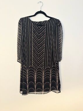 NWT Anthropologie Black Midi Dress with Cream Graphic Stripes Art Deco Silk